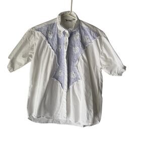 Vintage Take a Break Western Shirt M White Eyelet Embroidered Yoke Lace Detail